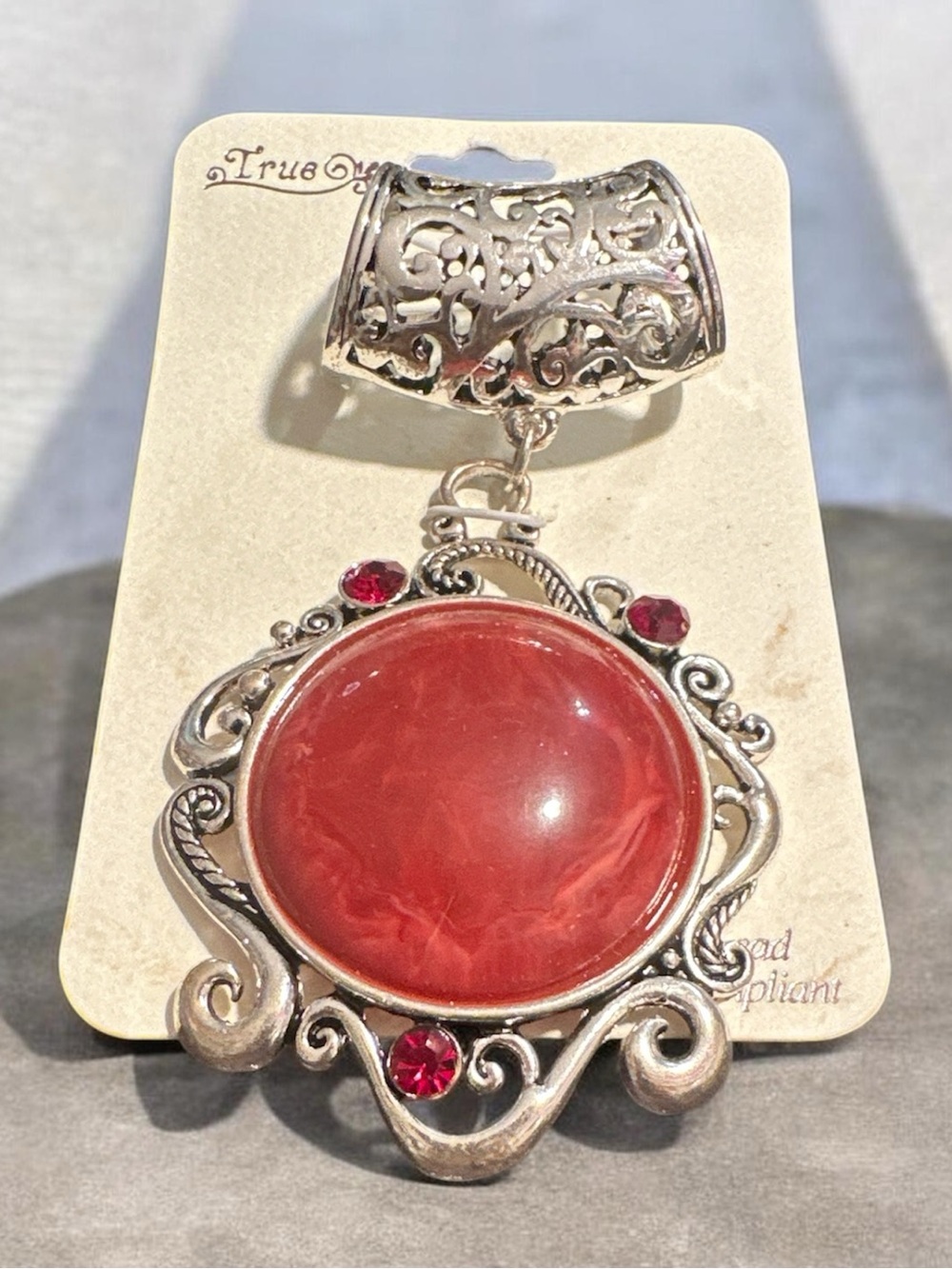 Red Statement Pendant Necklace - Ornate Silver-Tone Setting